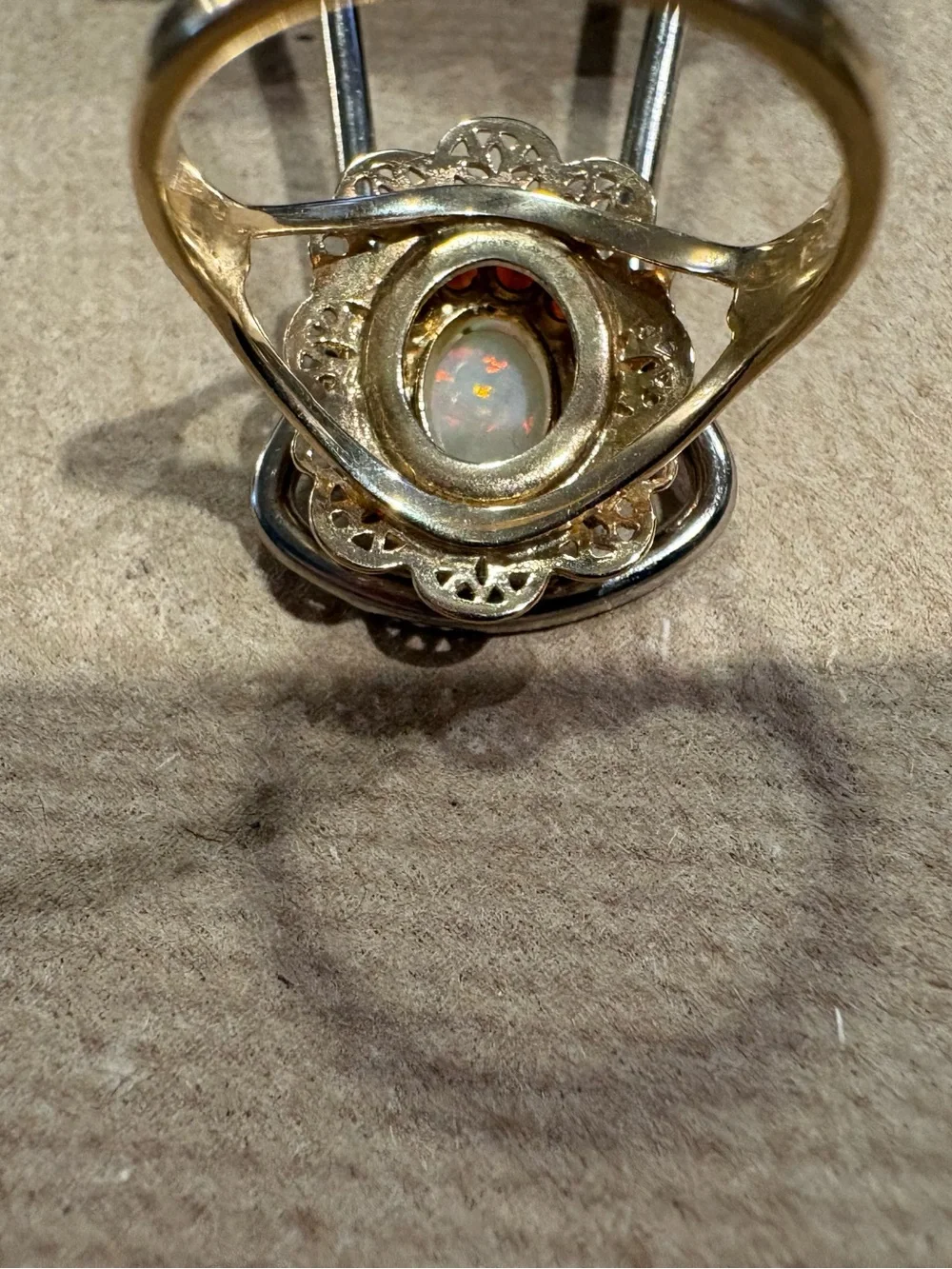 Vintage Filigree Opal and Garnet Ring in 10k Gold
